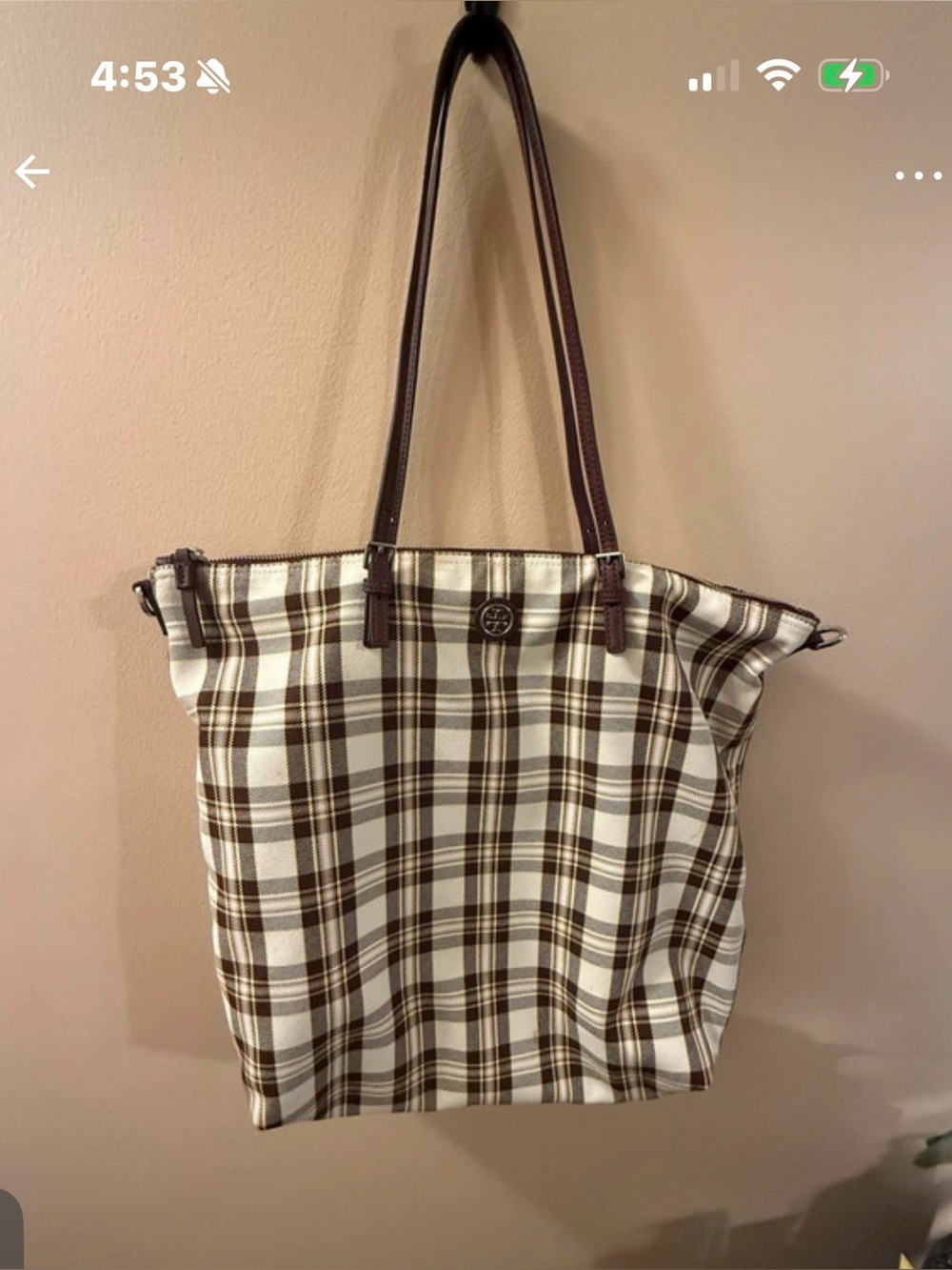 Tory Burch Plaid Canvas Tote Bag with Brown Trim and crossbody strap